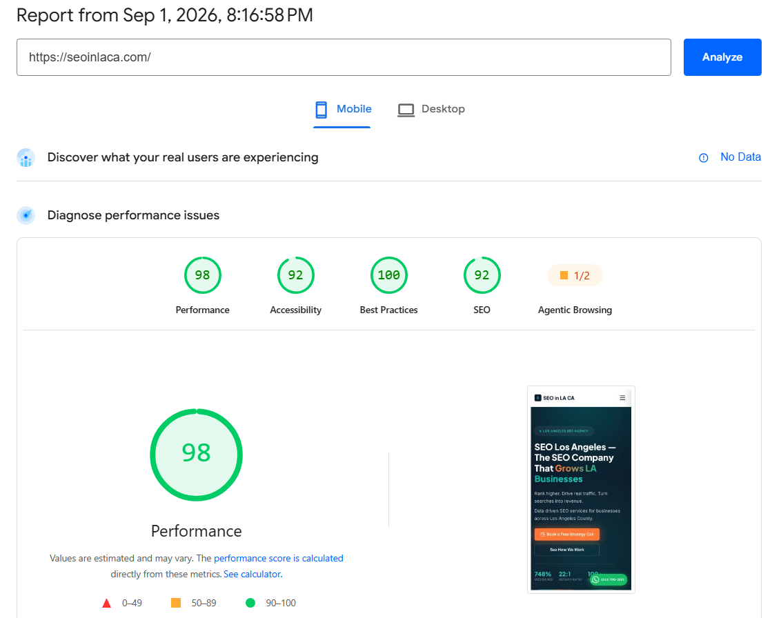 PageSpeed Insights showing 98 performance score after optimization — seoinlaca.com mobile audit